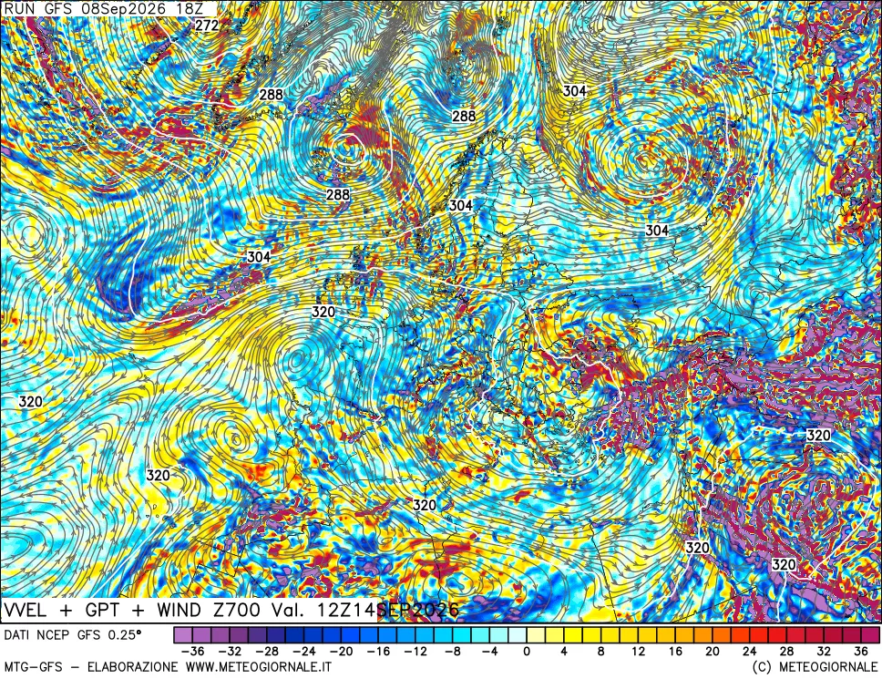 mappa 700 hPa Velocità verticiali + GPT + Vento