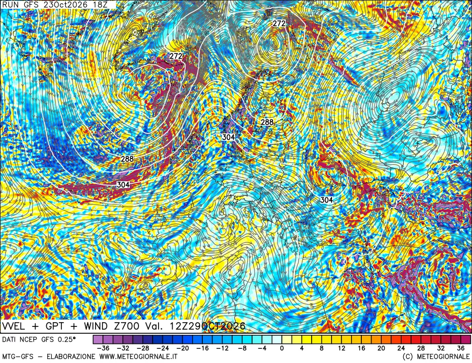mappa 700 hPa Velocità verticiali + GPT + Vento