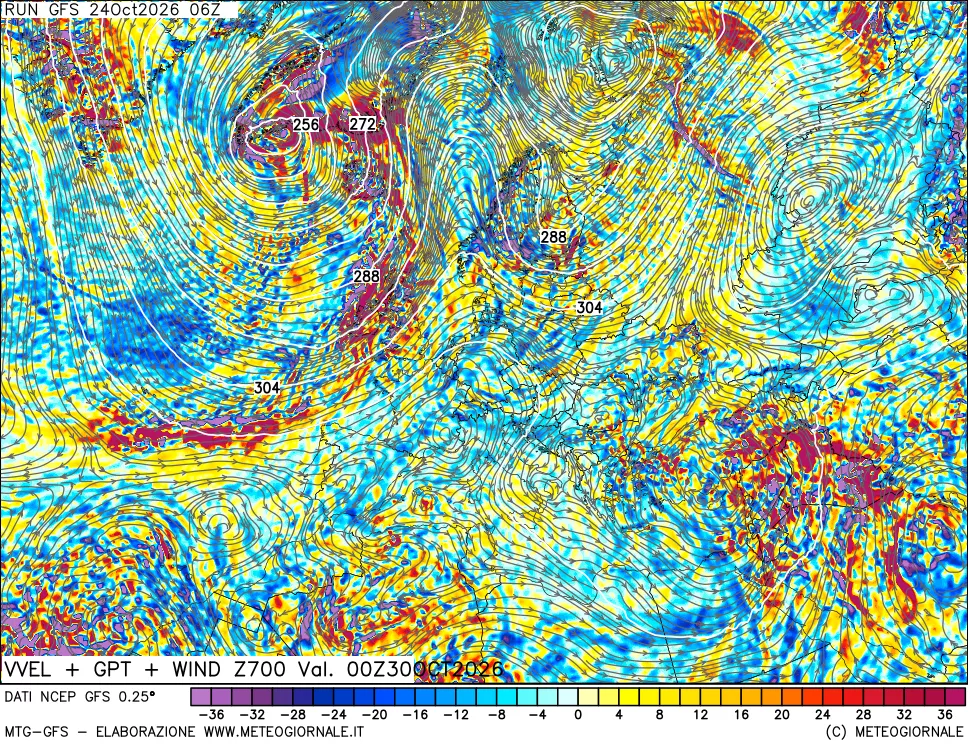 mappa 700 hPa Velocità verticiali + GPT + Vento