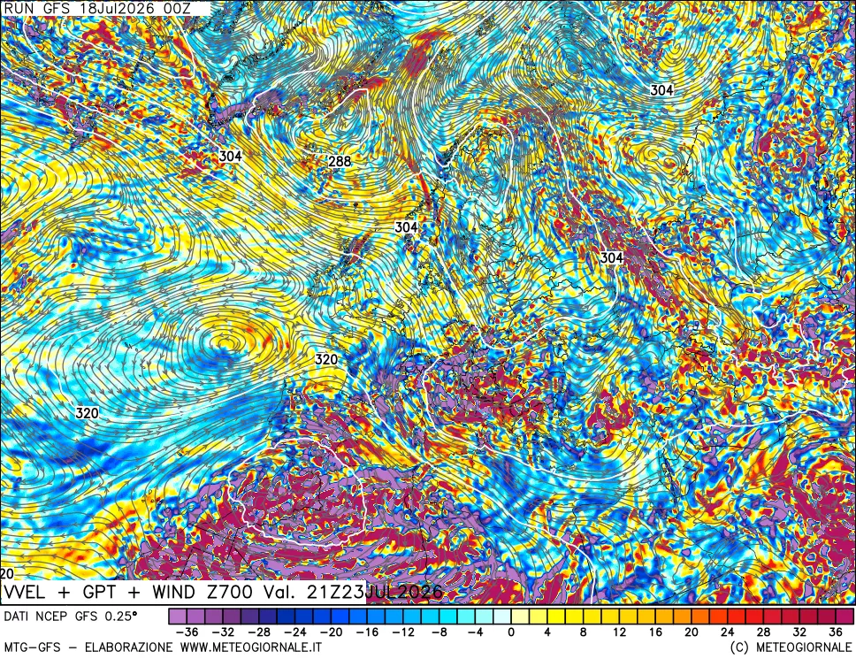 mappa 700 hPa Velocità verticiali + GPT + Vento