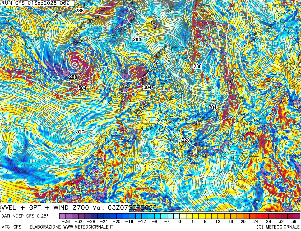 mappa 700 hPa Velocità verticiali + GPT + Vento