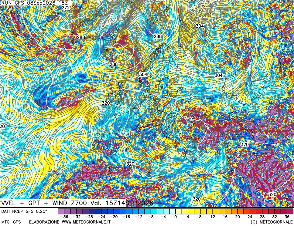 mappa 700 hPa Velocità verticiali + GPT + Vento