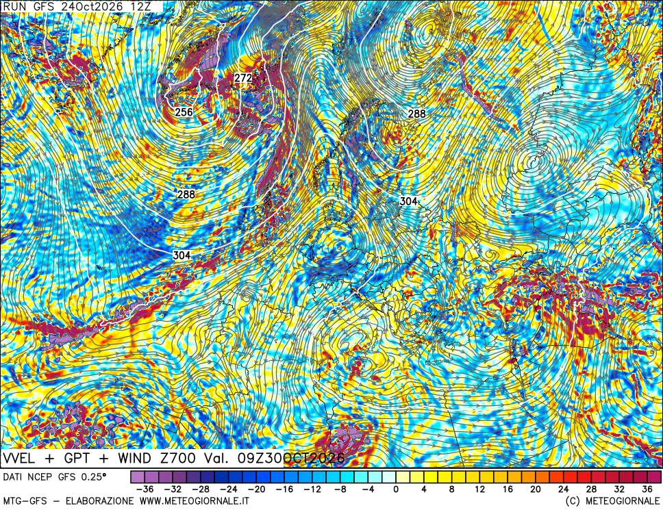 mappa 700 hPa Velocità verticiali + GPT + Vento