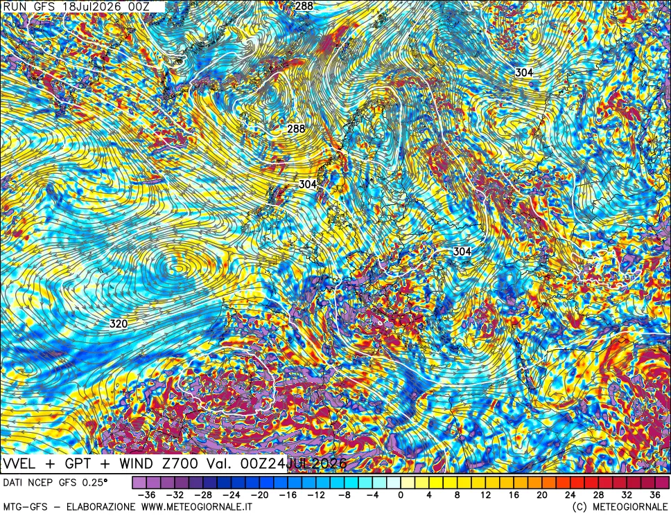 mappa 700 hPa Velocità verticiali + GPT + Vento