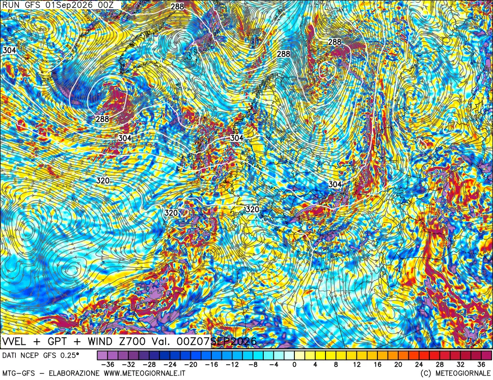 mappa 700 hPa Velocità verticiali + GPT + Vento