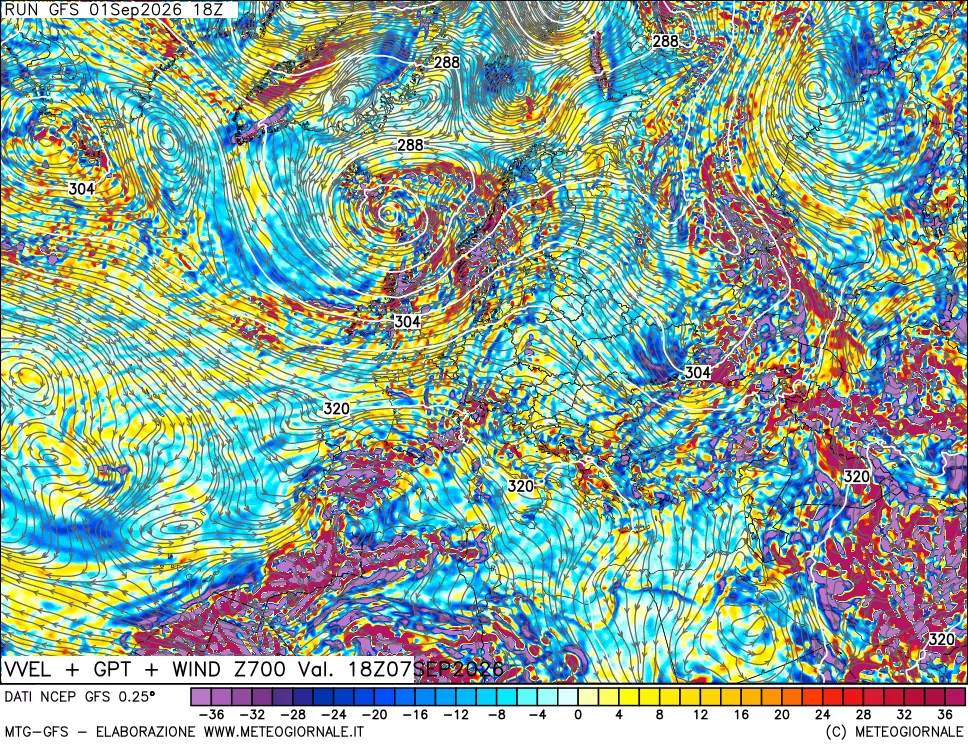 mappa 700 hPa Velocità verticiali + GPT + Vento