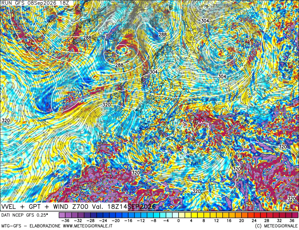 mappa 700 hPa Velocità verticiali + GPT + Vento