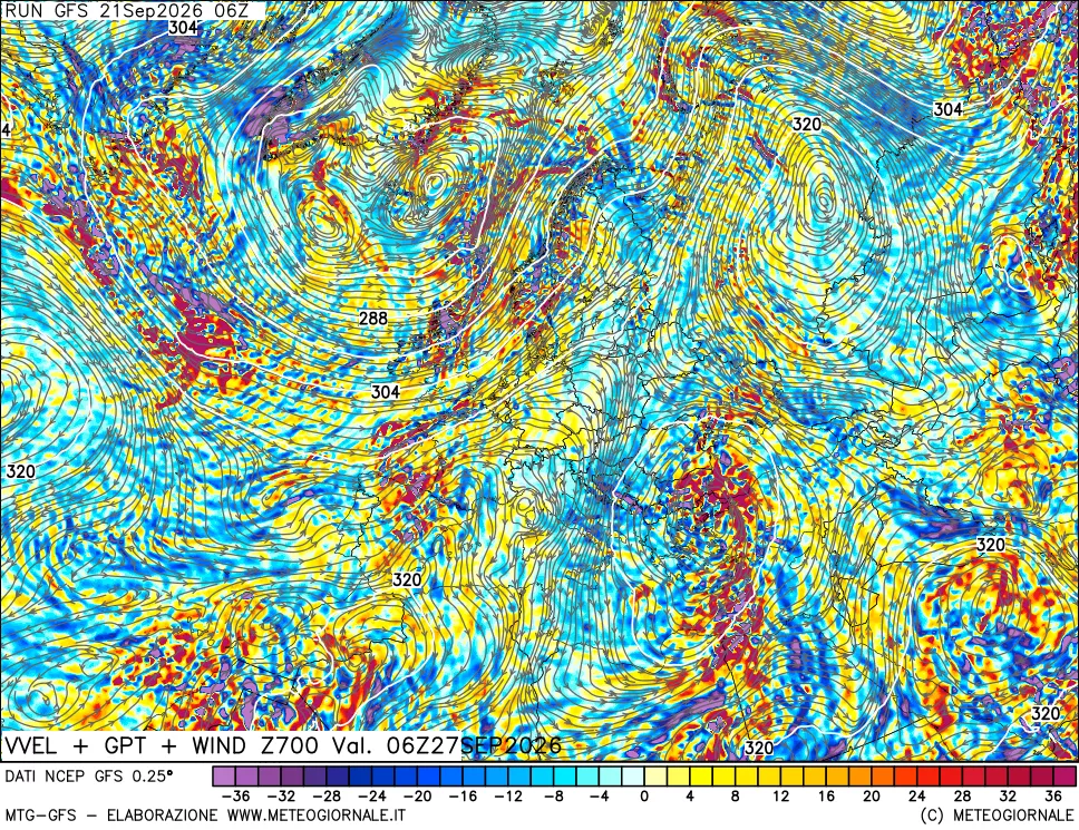 mappa 700 hPa Velocità verticiali + GPT + Vento