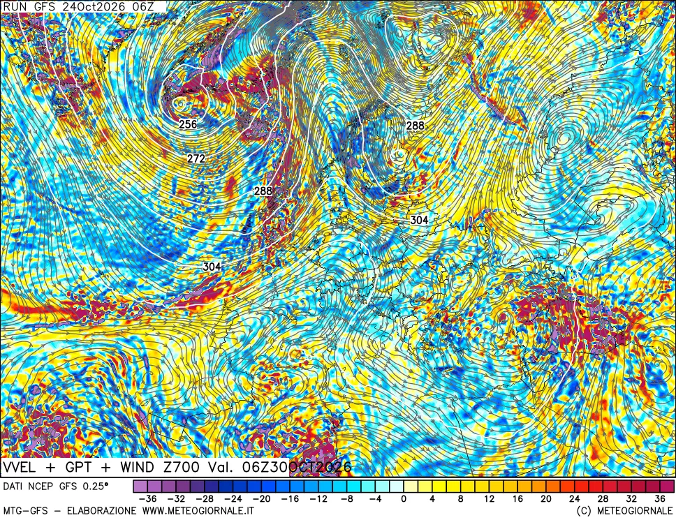 mappa 700 hPa Velocità verticiali + GPT + Vento