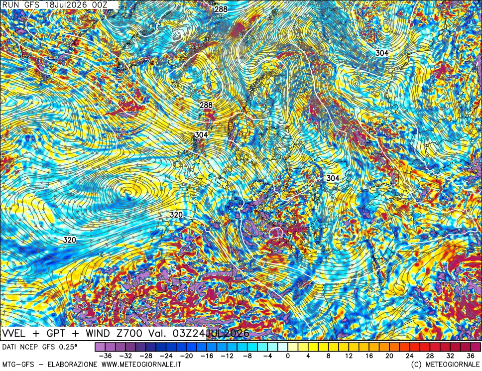 mappa 700 hPa Velocità verticiali + GPT + Vento