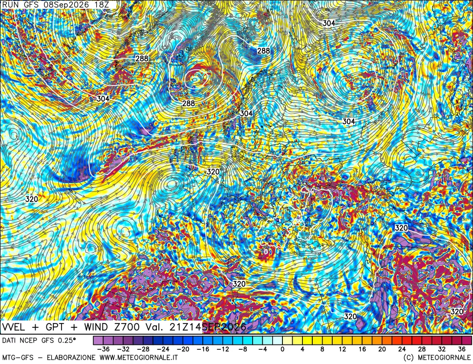 mappa 700 hPa Velocità verticiali + GPT + Vento