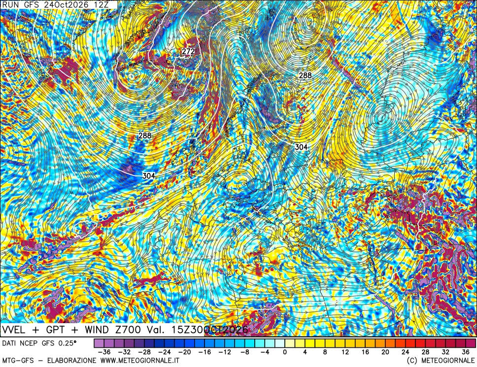 mappa 700 hPa Velocità verticiali + GPT + Vento