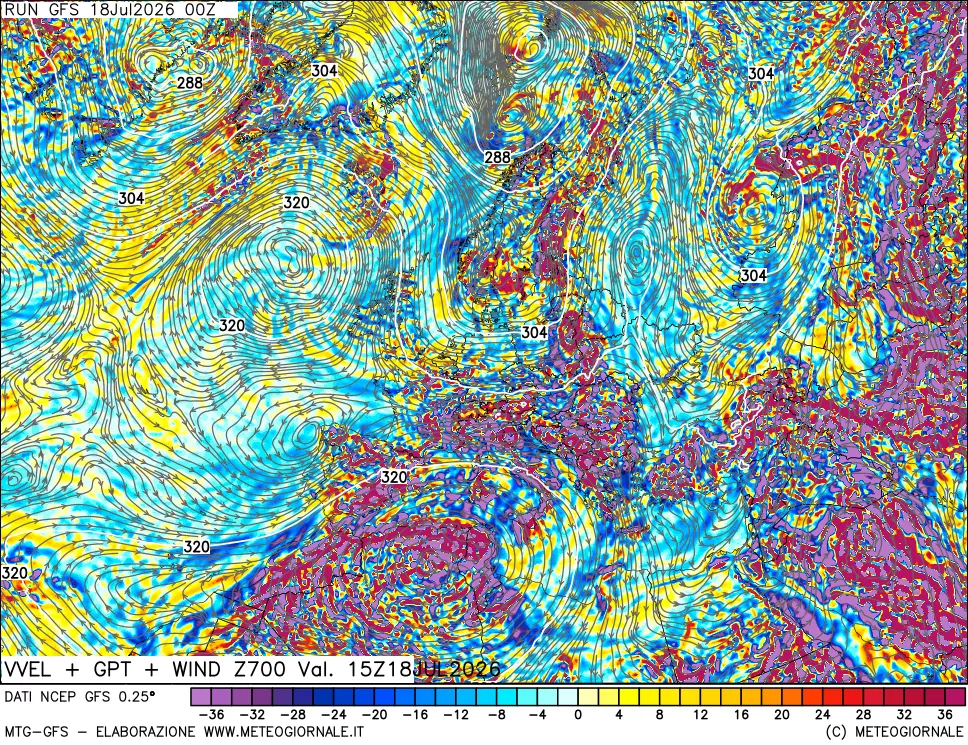 mappa 700 hPa Velocità verticiali + GPT + Vento