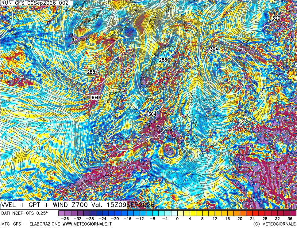 mappa 700 hPa Velocità verticiali + GPT + Vento