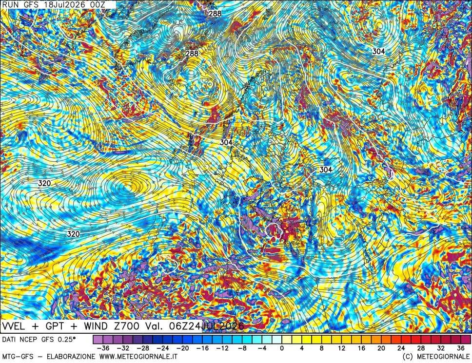 mappa 700 hPa Velocità verticiali + GPT + Vento