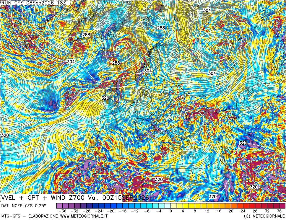 mappa 700 hPa Velocità verticiali + GPT + Vento