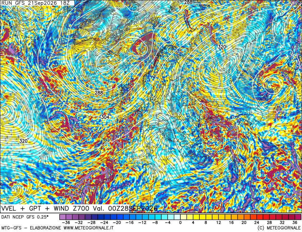 mappa 700 hPa Velocità verticiali + GPT + Vento