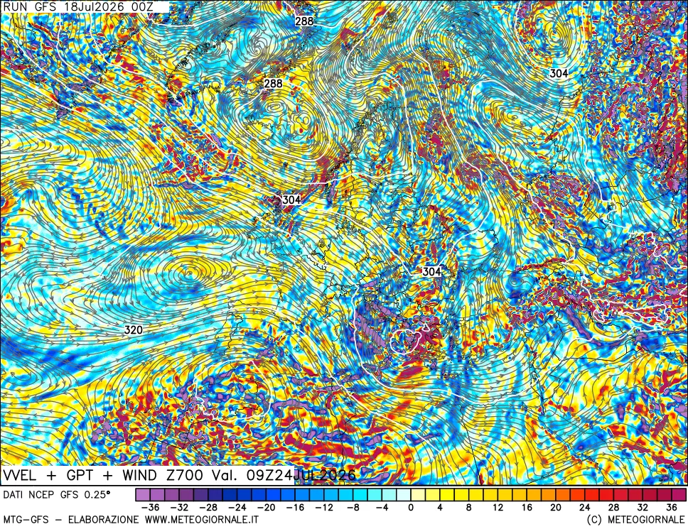 mappa 700 hPa Velocità verticiali + GPT + Vento