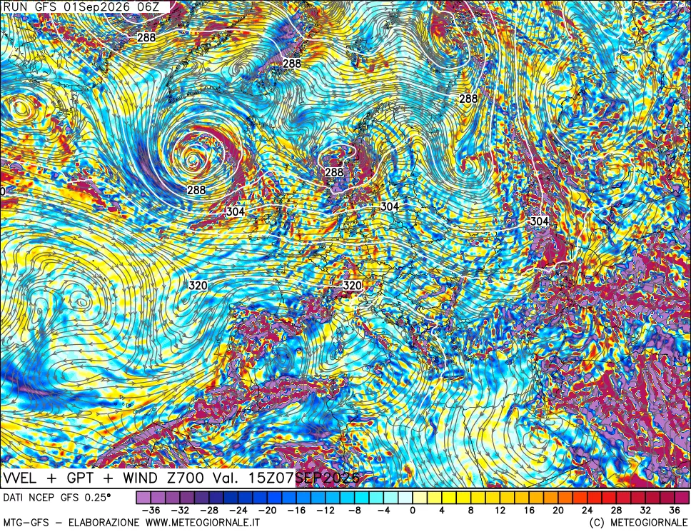 mappa 700 hPa Velocità verticiali + GPT + Vento