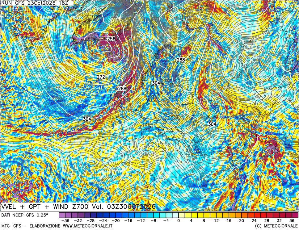mappa 700 hPa Velocità verticiali + GPT + Vento