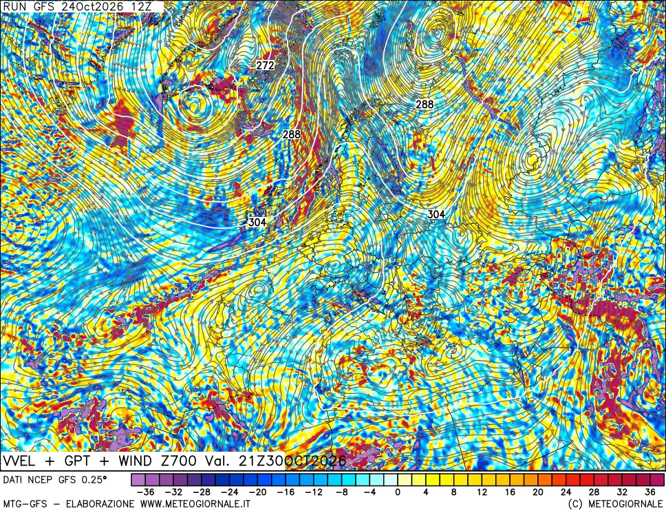 mappa 700 hPa Velocità verticiali + GPT + Vento