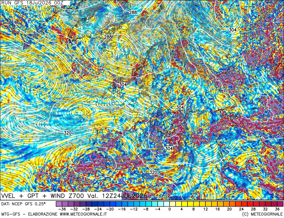 mappa 700 hPa Velocità verticiali + GPT + Vento
