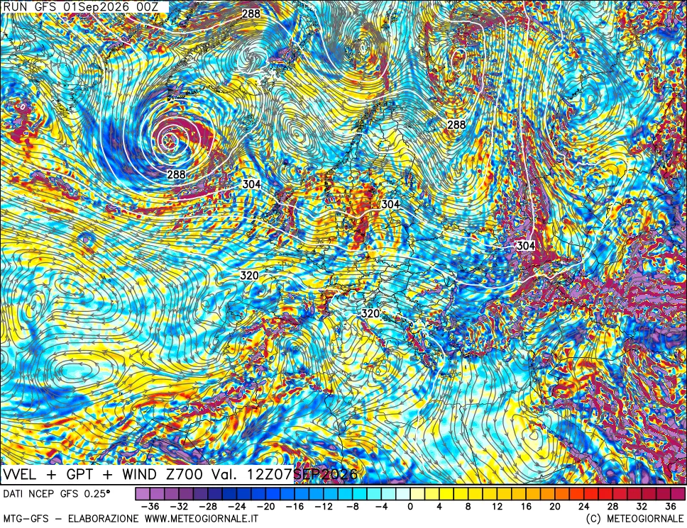 mappa 700 hPa Velocità verticiali + GPT + Vento