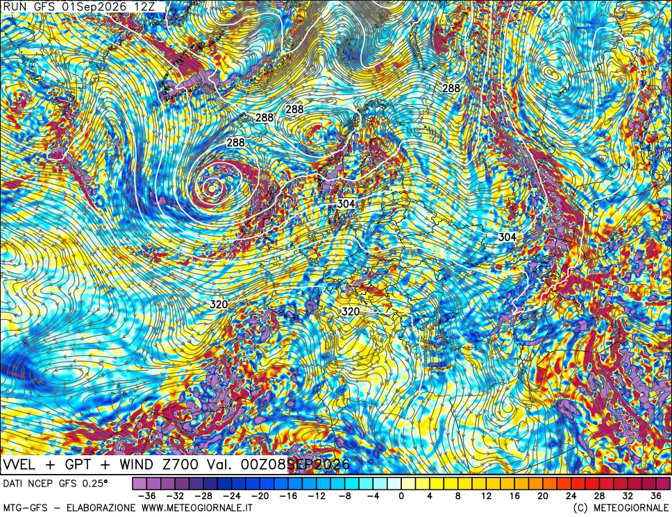 mappa 700 hPa Velocità verticiali + GPT + Vento