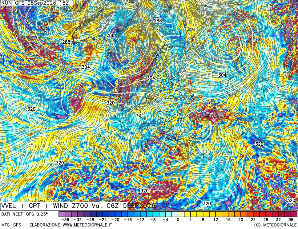 mappa 700 hPa Velocità verticiali + GPT + Vento