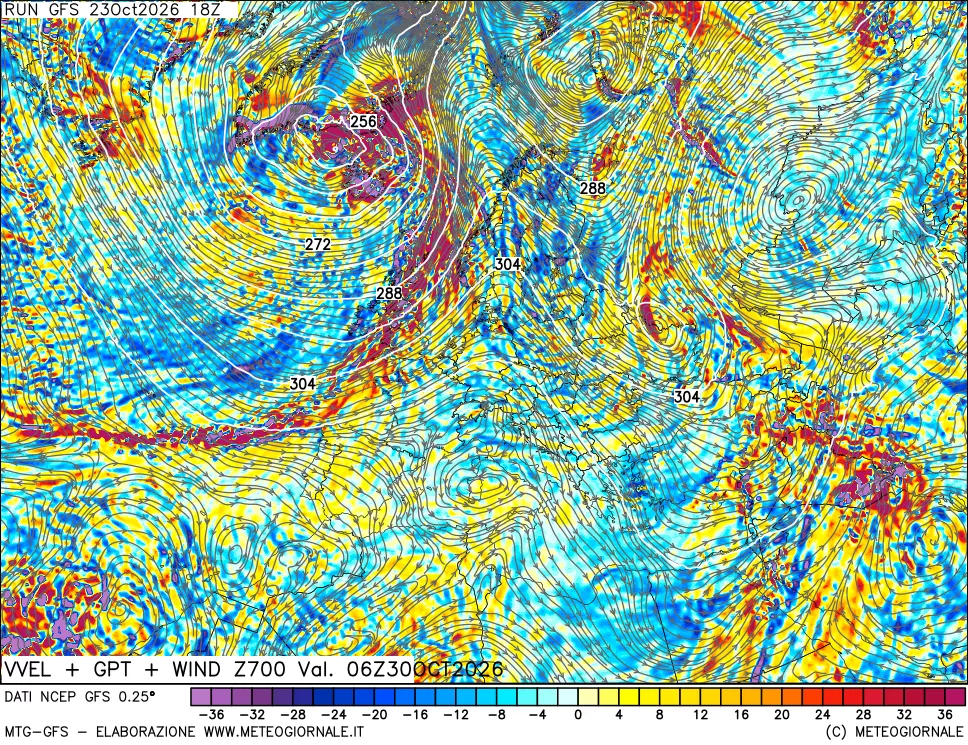 mappa 700 hPa Velocità verticiali + GPT + Vento