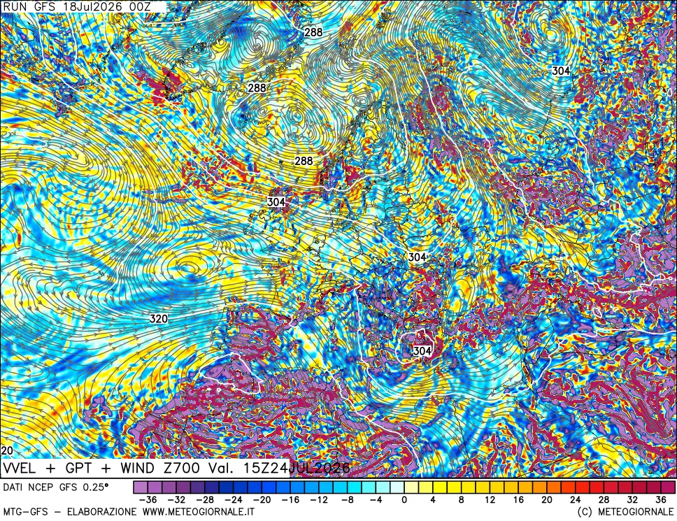mappa 700 hPa Velocità verticiali + GPT + Vento