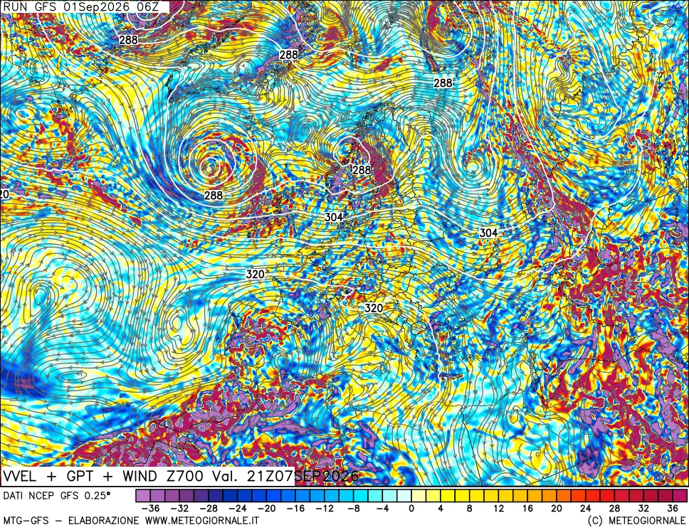 mappa 700 hPa Velocità verticiali + GPT + Vento