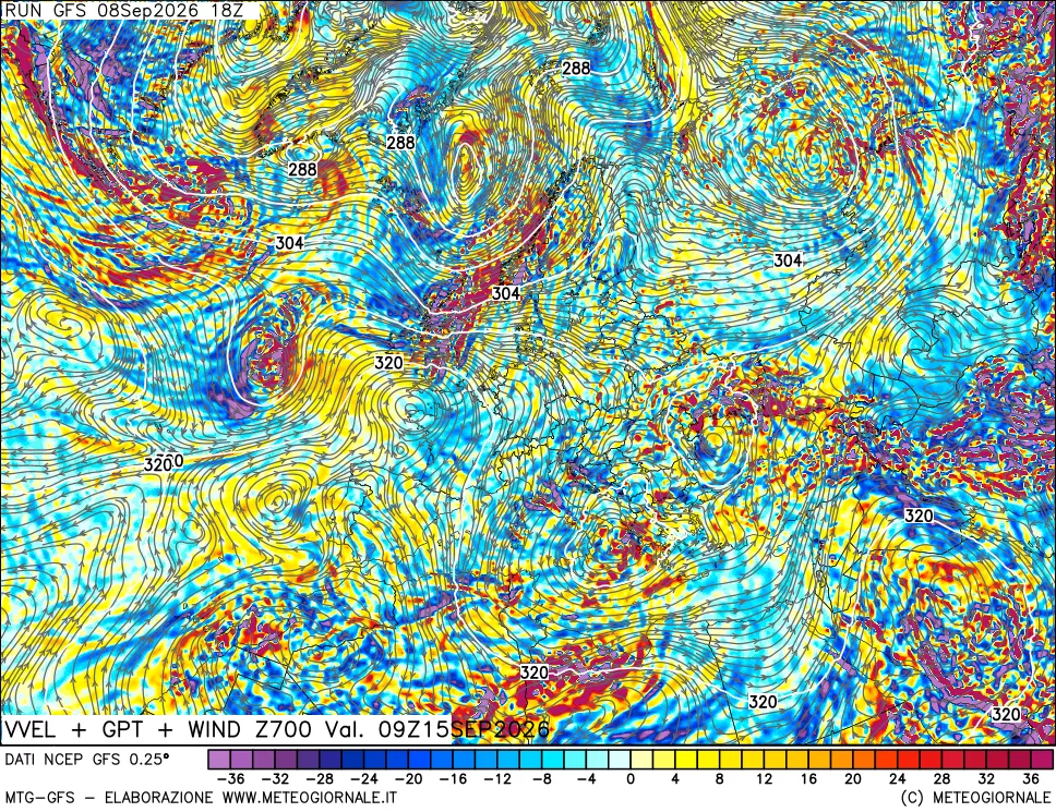 mappa 700 hPa Velocità verticiali + GPT + Vento