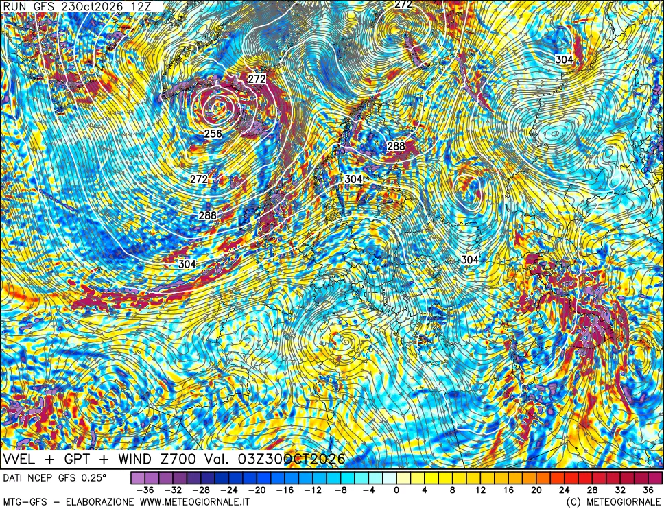 mappa 700 hPa Velocità verticiali + GPT + Vento