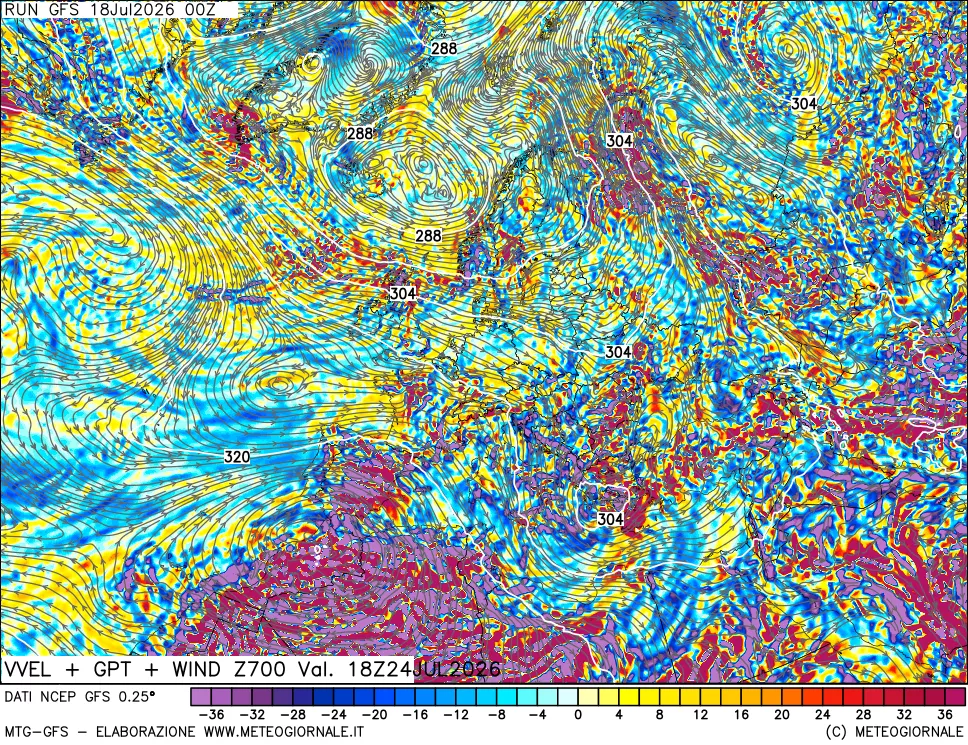 mappa 700 hPa Velocità verticiali + GPT + Vento
