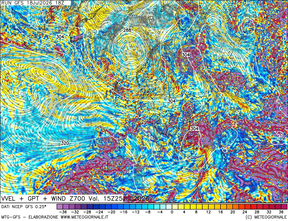mappa 700 hPa Velocità verticiali + GPT + Vento
