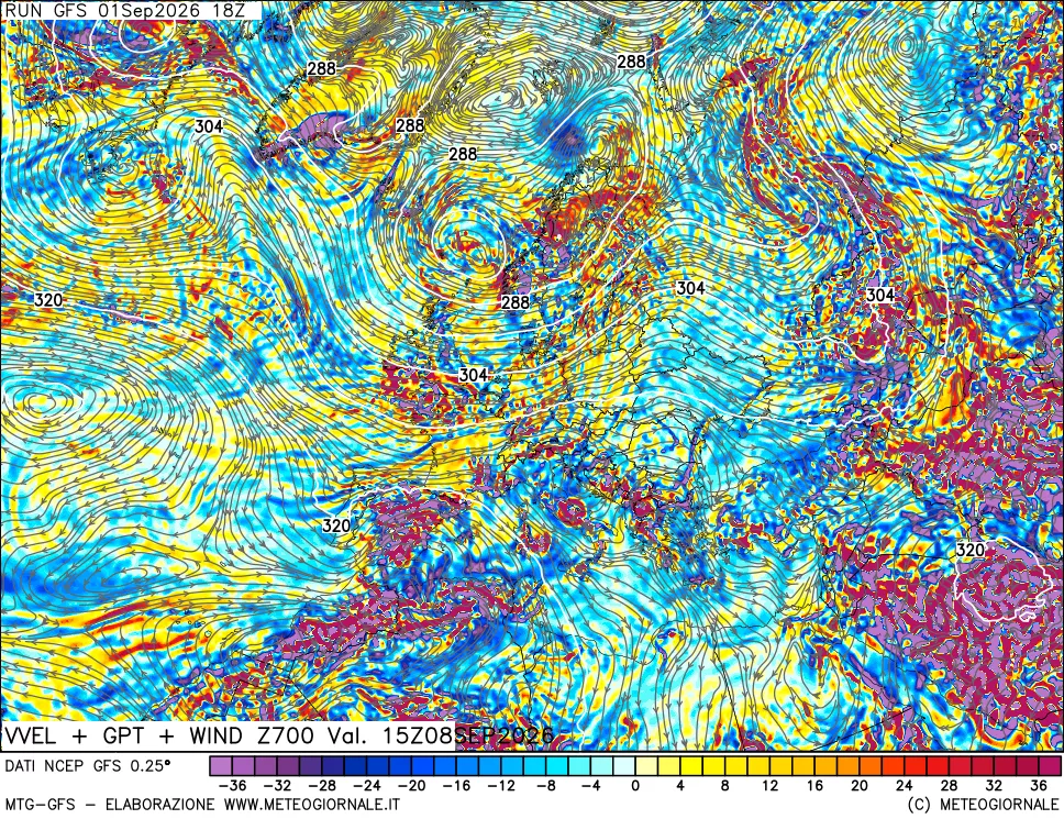 mappa 700 hPa Velocità verticiali + GPT + Vento