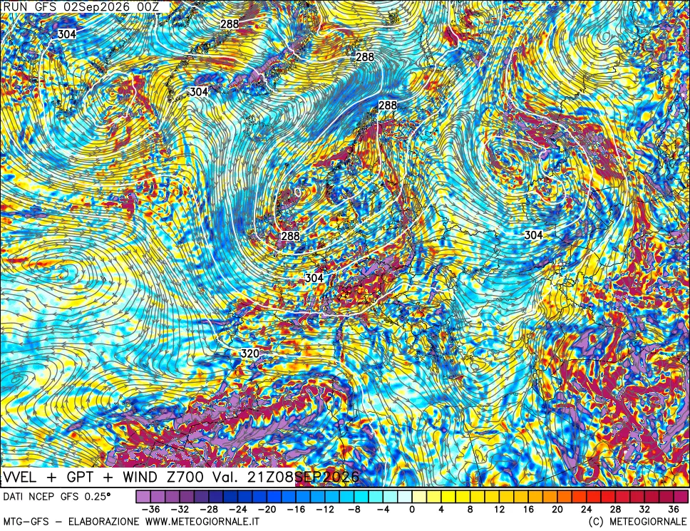 mappa 700 hPa Velocità verticiali + GPT + Vento