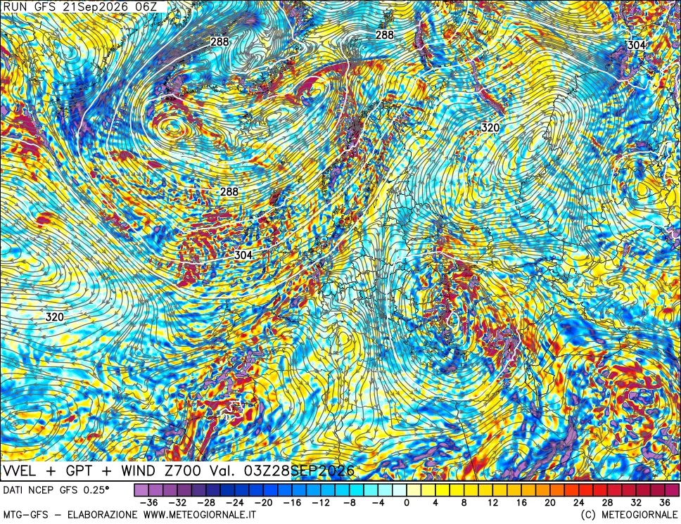 mappa 700 hPa Velocità verticiali + GPT + Vento