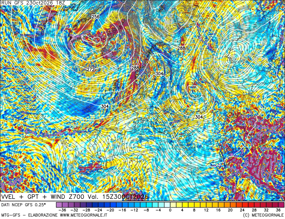 mappa 700 hPa Velocità verticiali + GPT + Vento