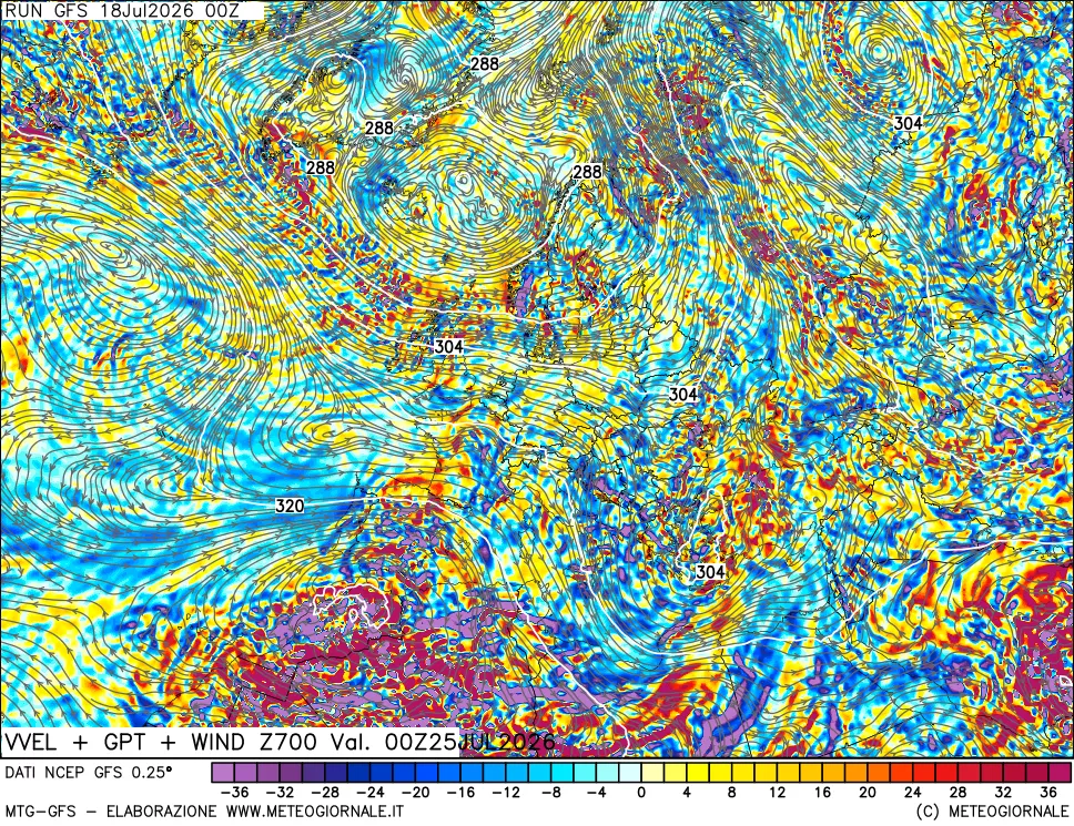 mappa 700 hPa Velocità verticiali + GPT + Vento