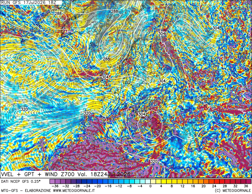 mappa 700 hPa Velocità verticiali + GPT + Vento