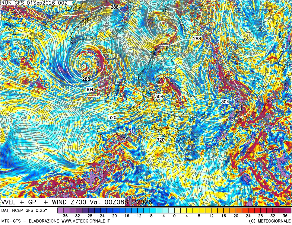 mappa 700 hPa Velocità verticiali + GPT + Vento