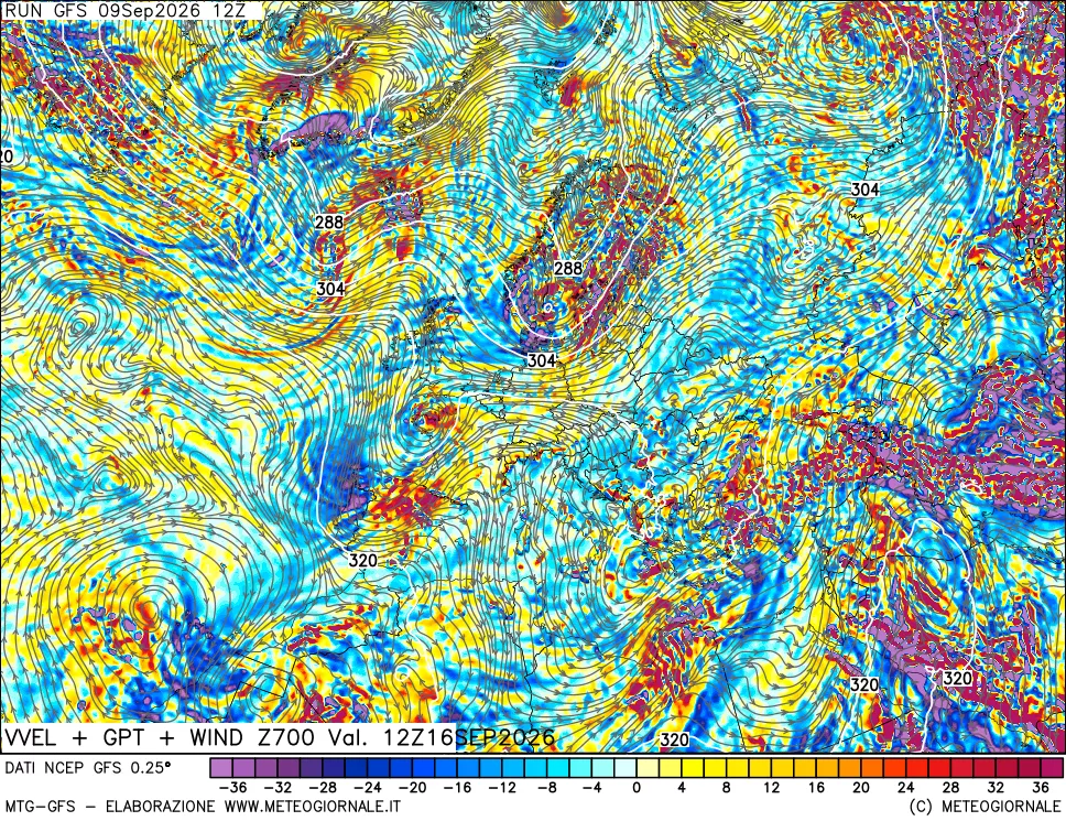 mappa 700 hPa Velocità verticiali + GPT + Vento