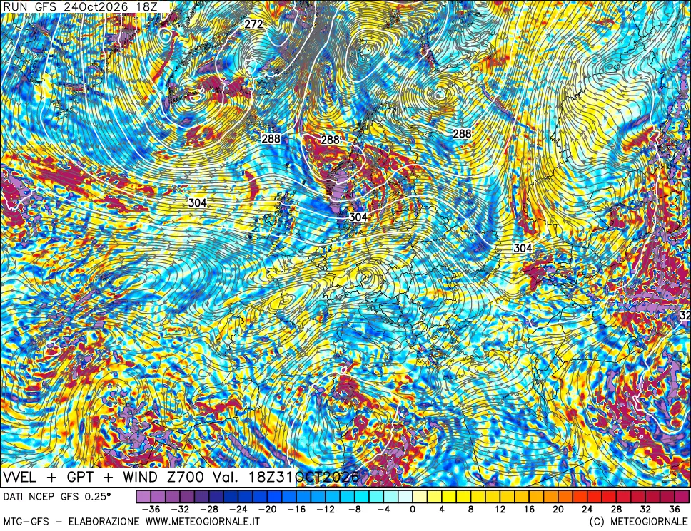 mappa 700 hPa Velocità verticiali + GPT + Vento