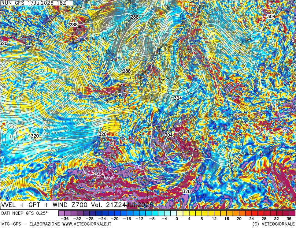 mappa 700 hPa Velocità verticiali + GPT + Vento