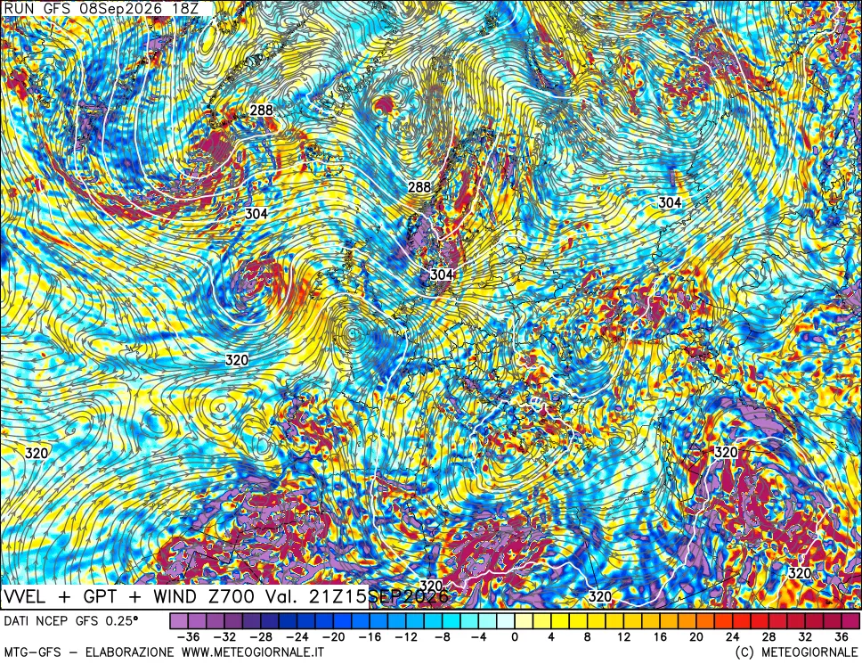 mappa 700 hPa Velocità verticiali + GPT + Vento