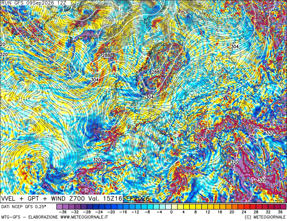 mappa 700 hPa Velocità verticiali + GPT + Vento