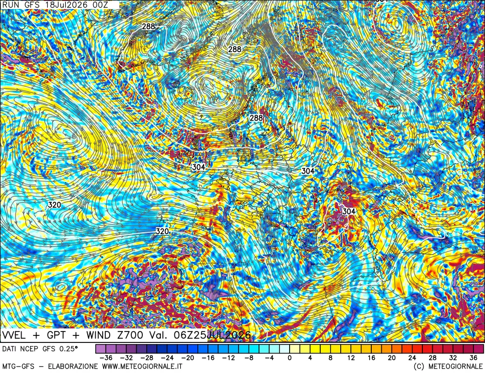 mappa 700 hPa Velocità verticiali + GPT + Vento