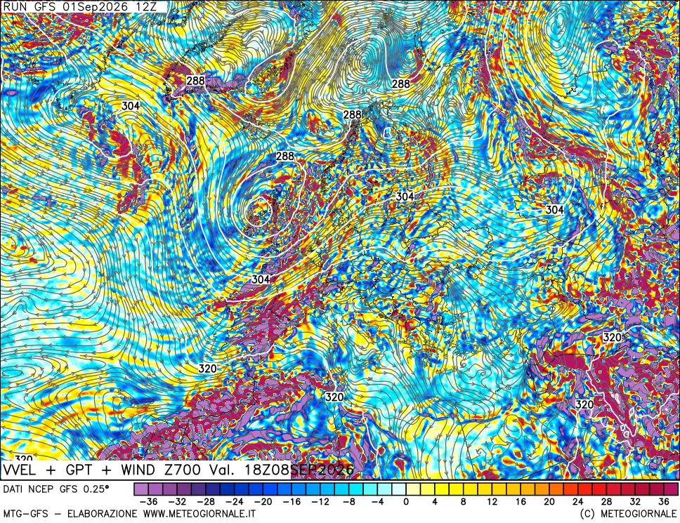 mappa 700 hPa Velocità verticiali + GPT + Vento